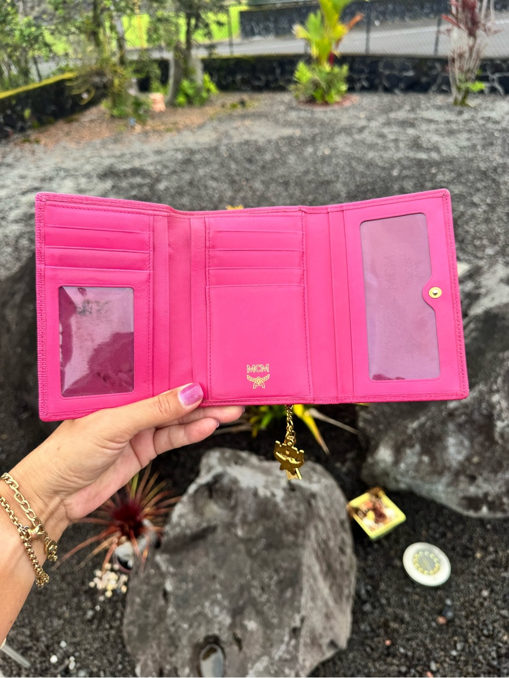 MCM Hot Pink Leather Trifold Wallet Charm Detail with COA - Picture 11 of 16